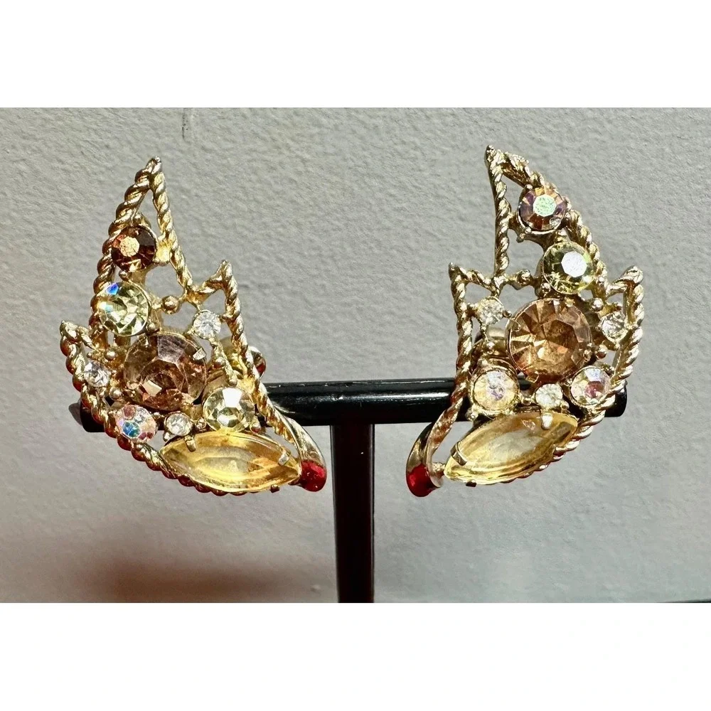 Emmons Vintage Amber Glow Rhinestone Brooch Earrings AB Set 1961